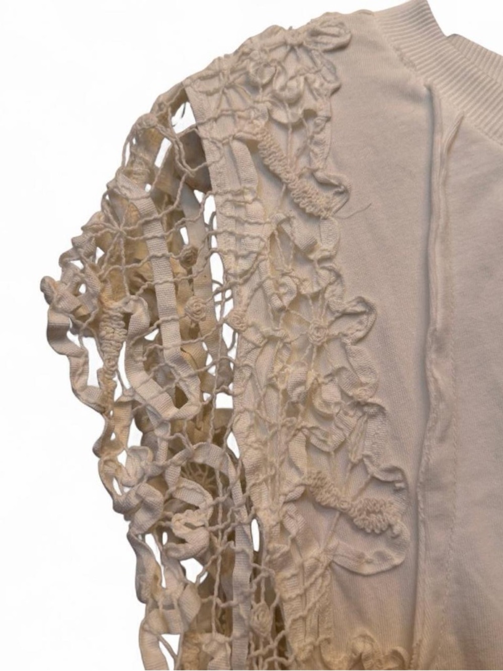 Anthropologie Crochet Sleeve Ruffle Hem Top - Cream - Picture 2 of 4
